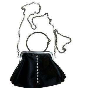 Bag Black Silk Small Rhinestone Studded Purse Silver Hardware Crossbody /Handle